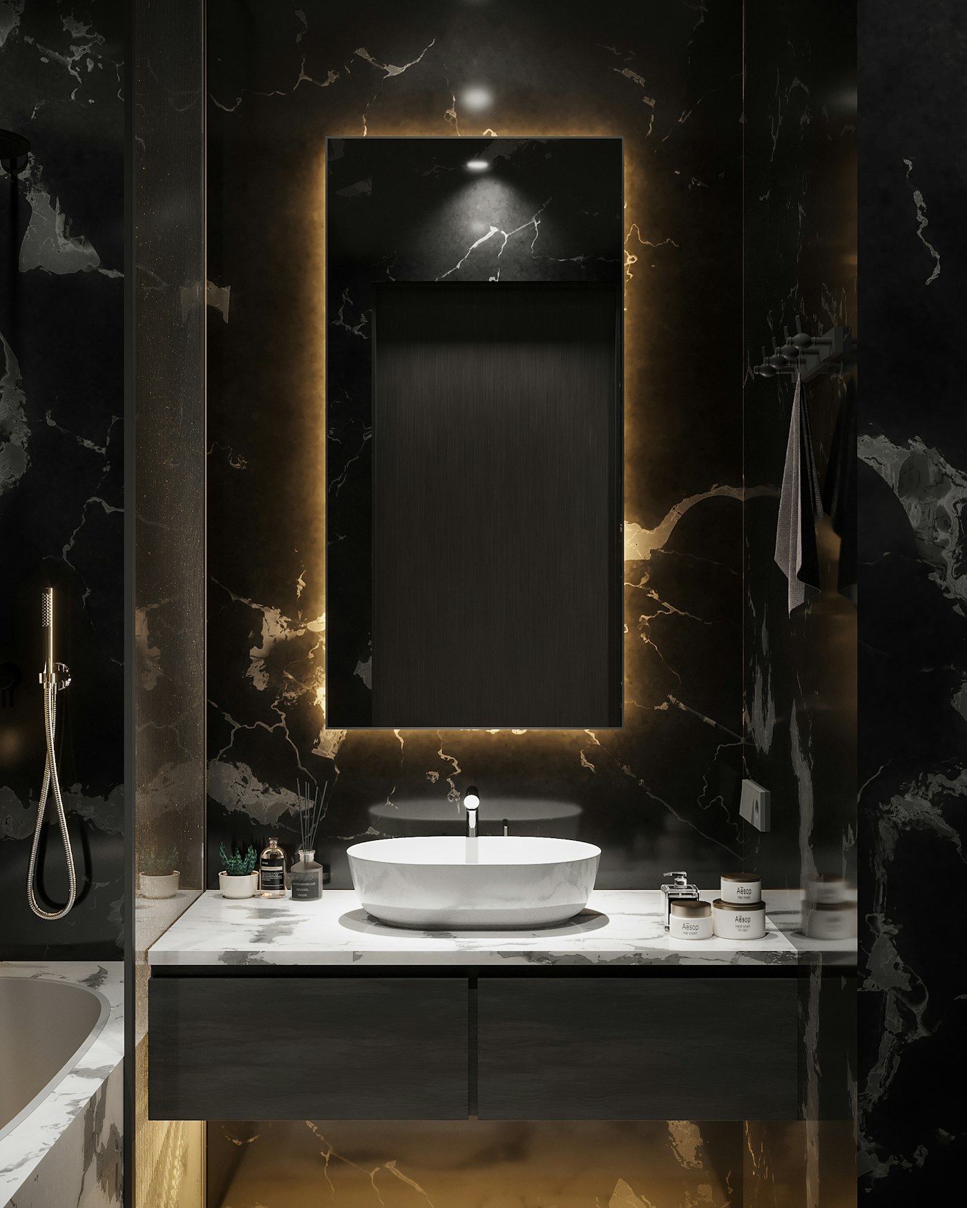 Luxury primary bathroom remodel with marble walls and a freestanding tub